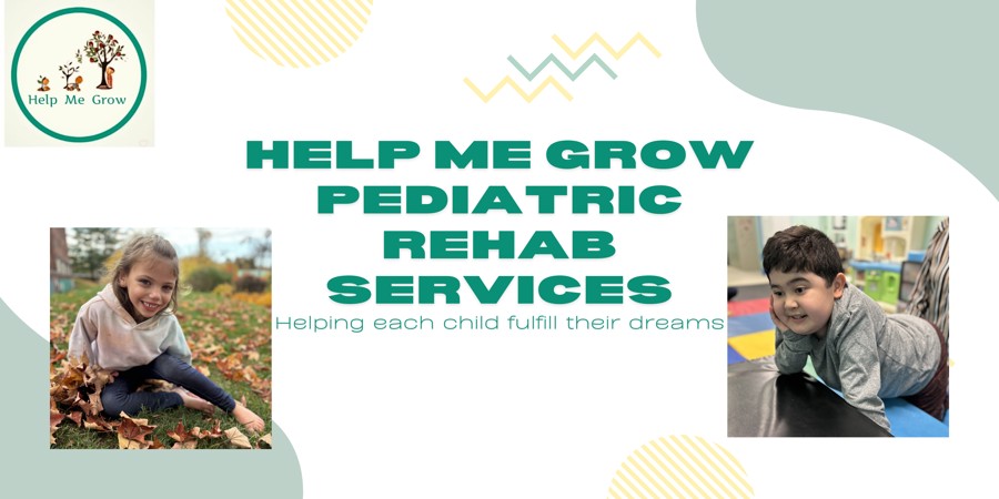 Banner with Help Me Grow and 2 pictures.  One a little girl in the leaves and the other a young boy climbing stairs on hands and knees