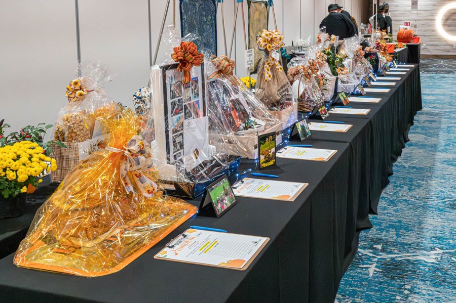 a row of auction tables with baskets and bid sheets